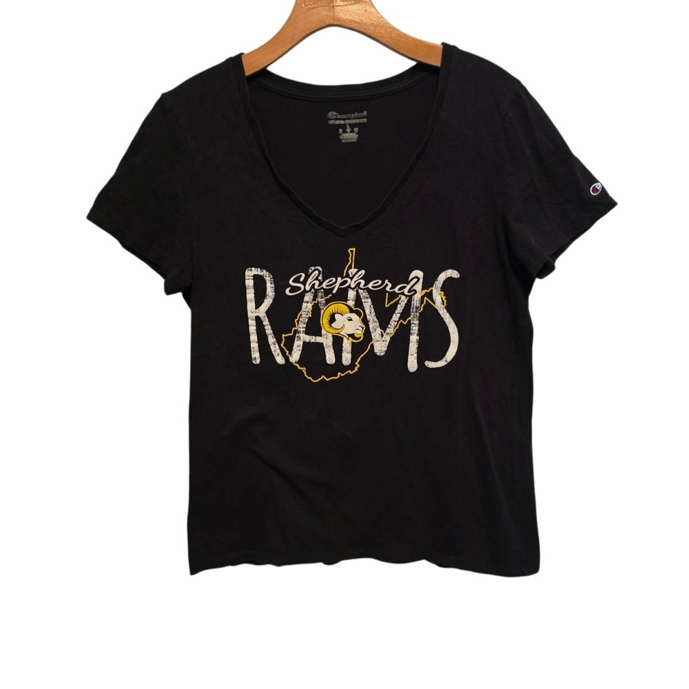 Shepherd University Rams T-Shirt NCAA Champion Navy Blue V-Neck Womens Large